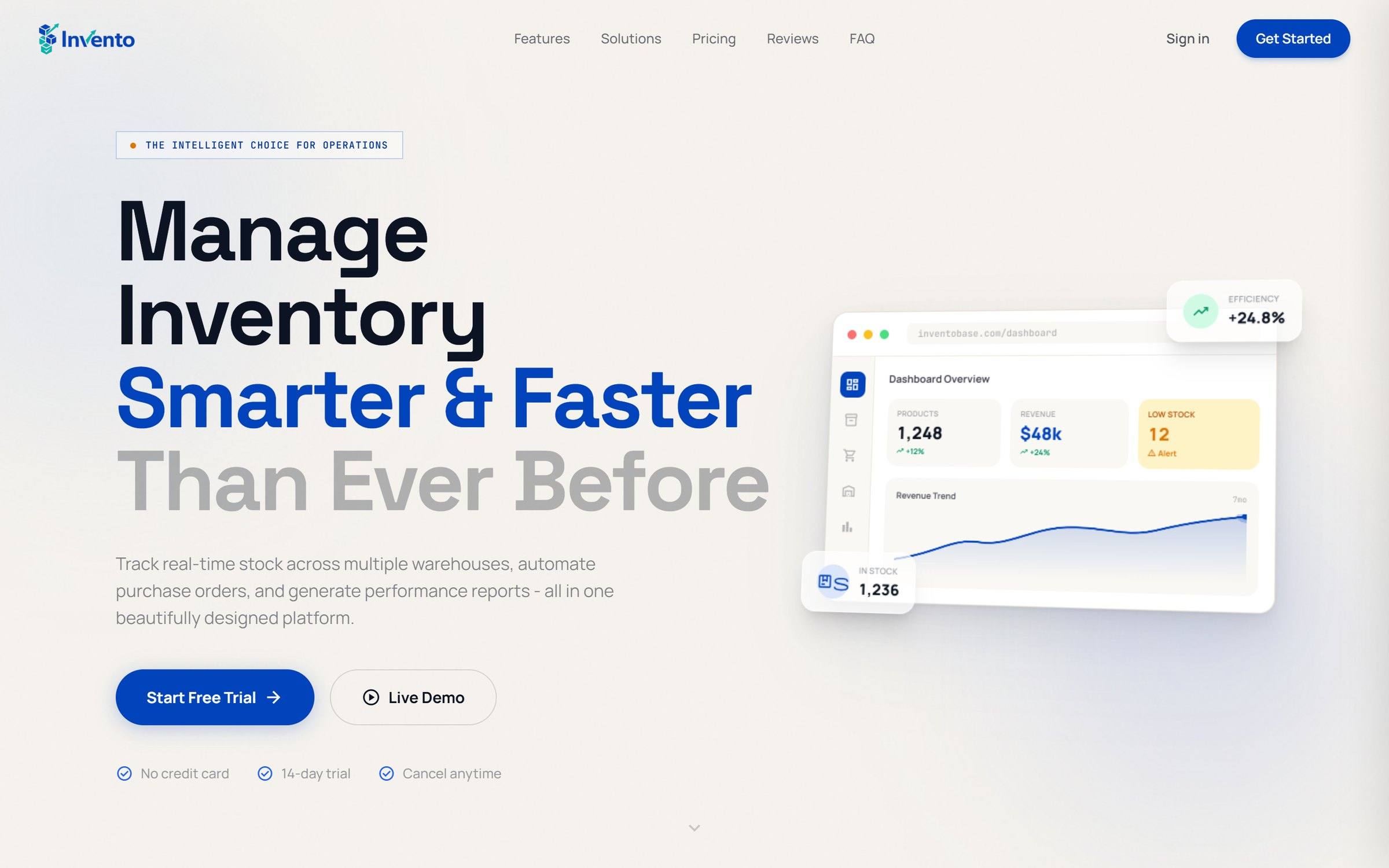 The Invento home page: “Manage Inventory Smarter & Faster Than Ever Before” with a sample dashboard card.