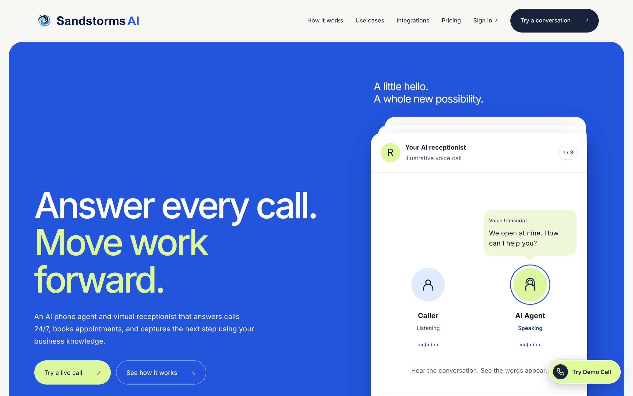 The Sandstorms AI home page: “Answer every call. Move work forward.” next to an illustrated call between a caller and an AI agent.