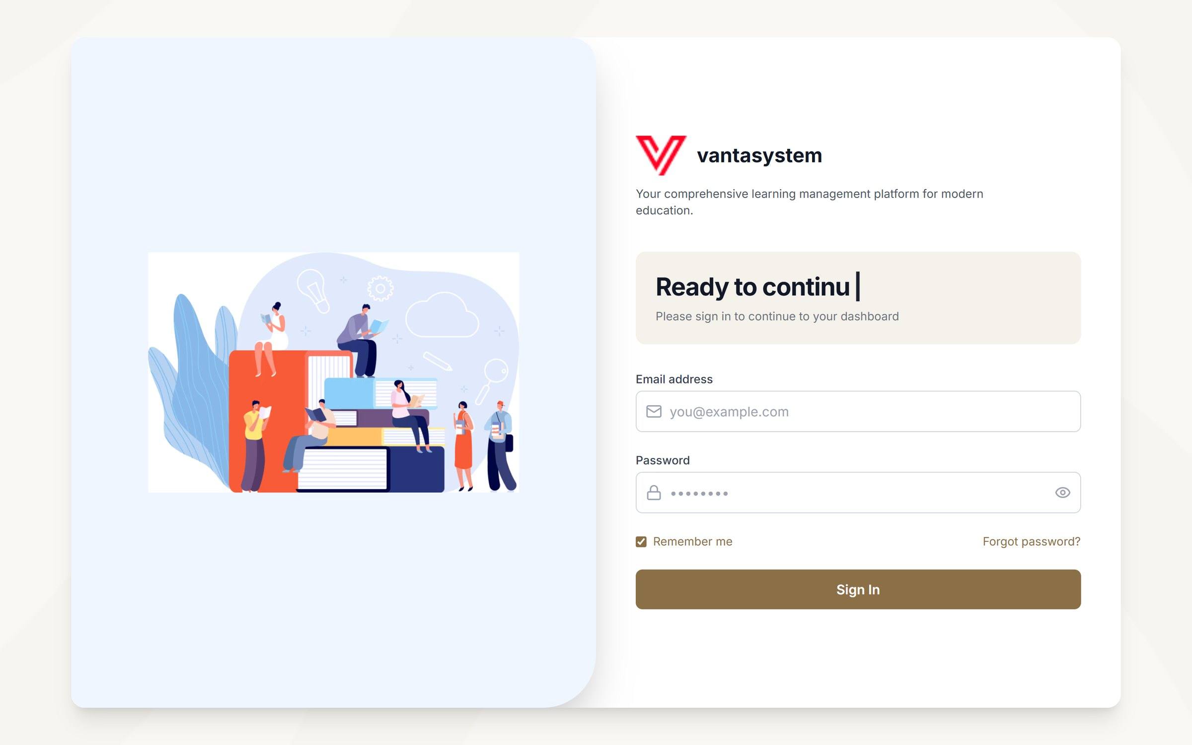 The Vanta System sign-in page, the only public screen of the learning platform.